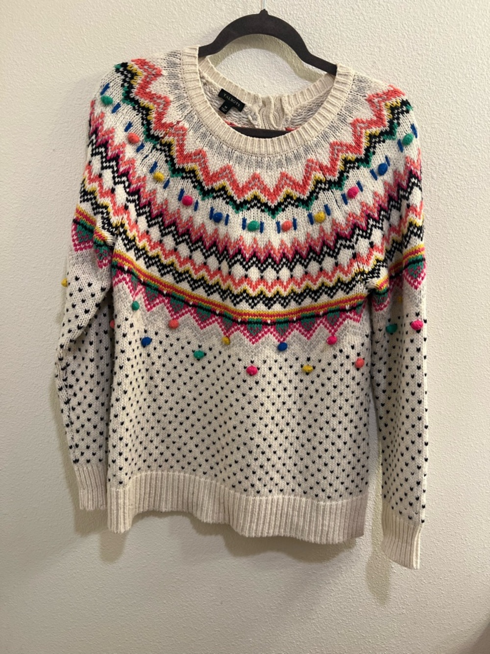 TALBOTS Carnival Fair Isle Pom Pom Sweater Wool Blend Size M
